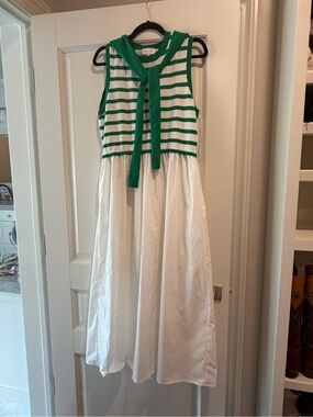 Entro Green & White Striped Sleeveless Midi Dress